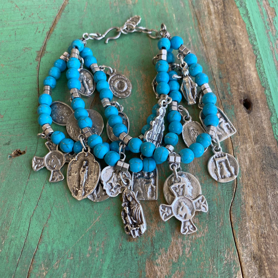 Triple Layer Natural Stone Charm Bracelet: Turquoise