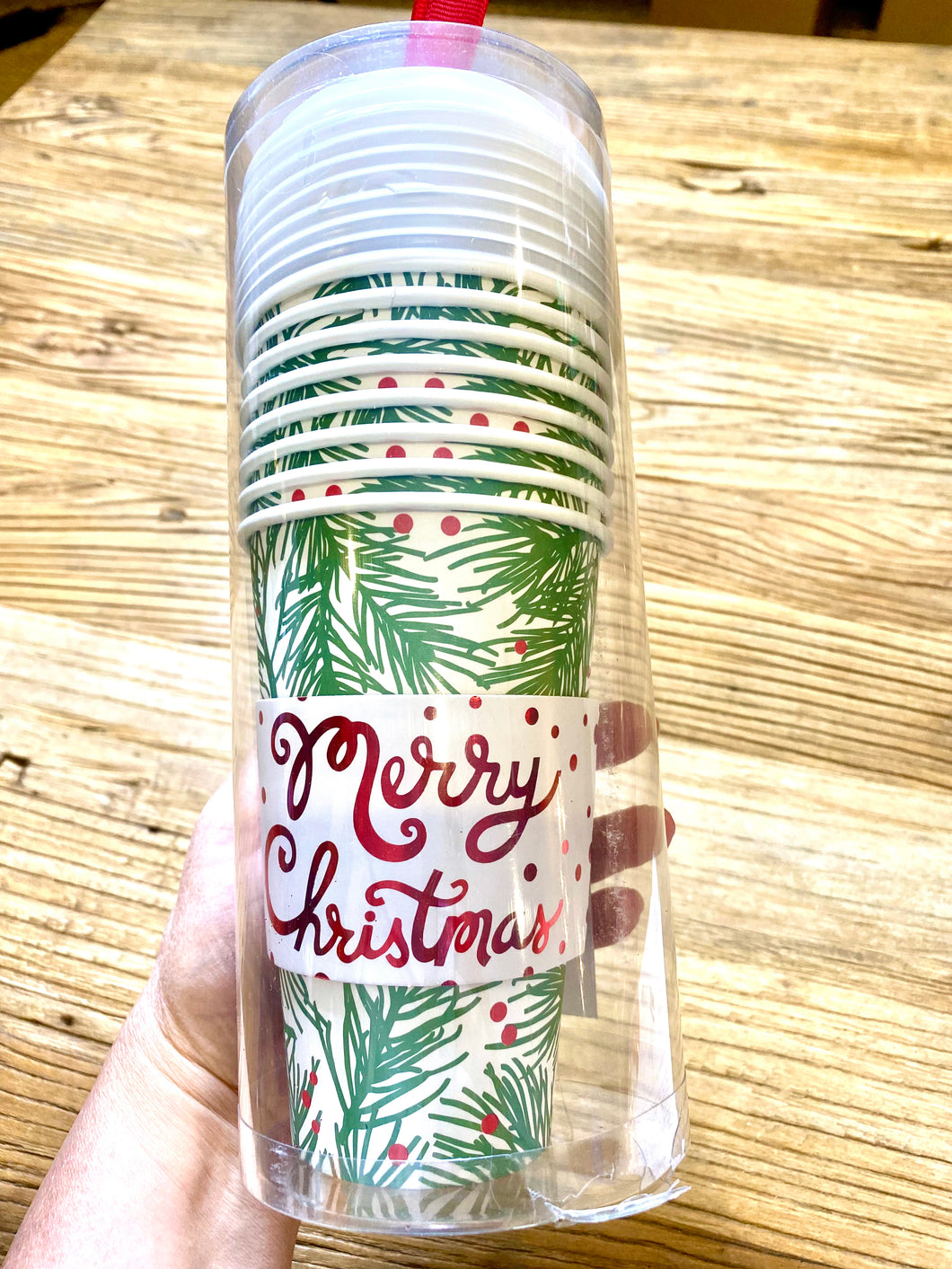 Pine bough Merry Christmas cups